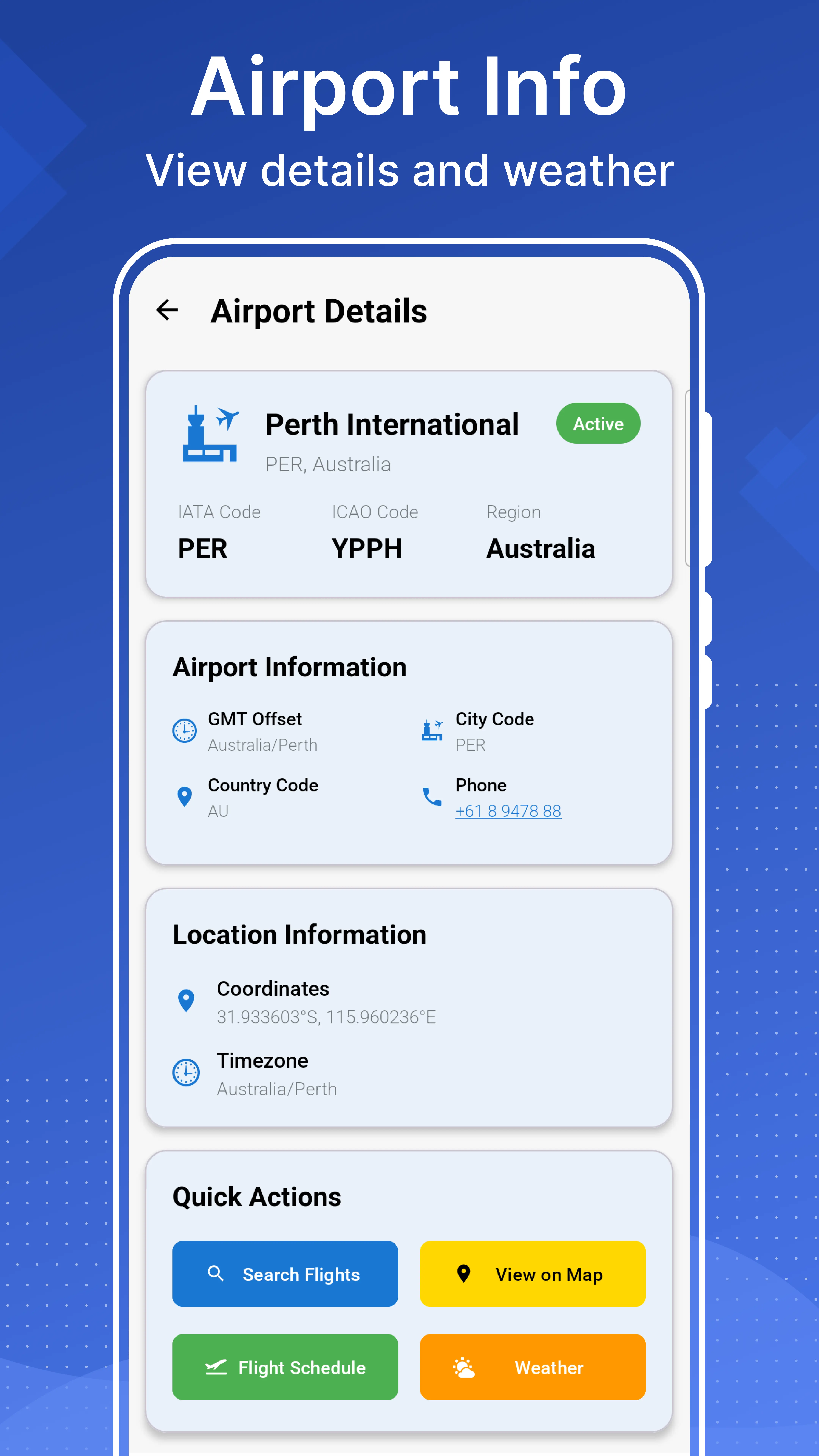 Airport detail screen showing airport codes, timezone, coordinates, and contact number