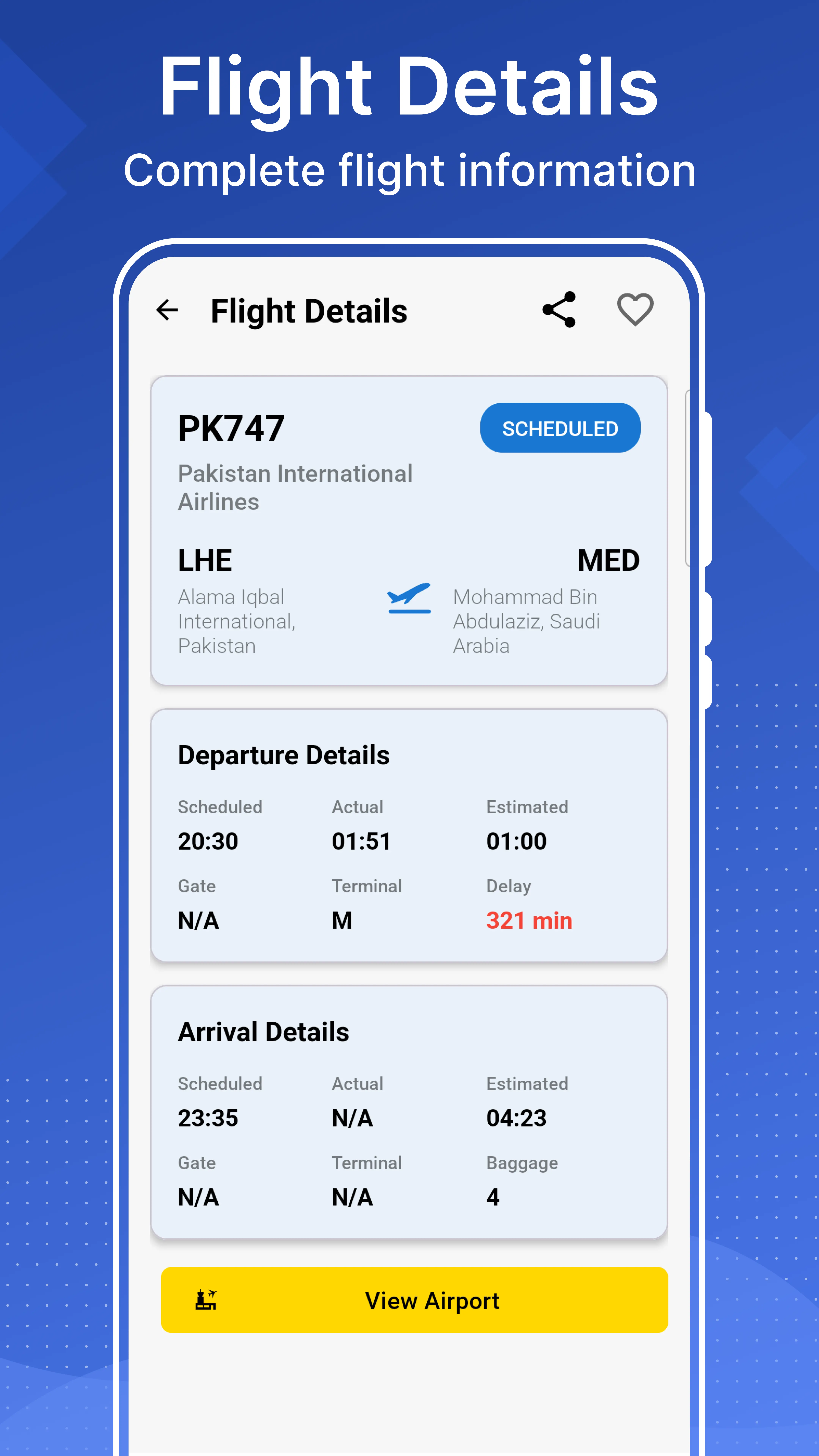 Flight detail screen showing status, scheduled and estimated times, gate, terminal, and baggage carousel